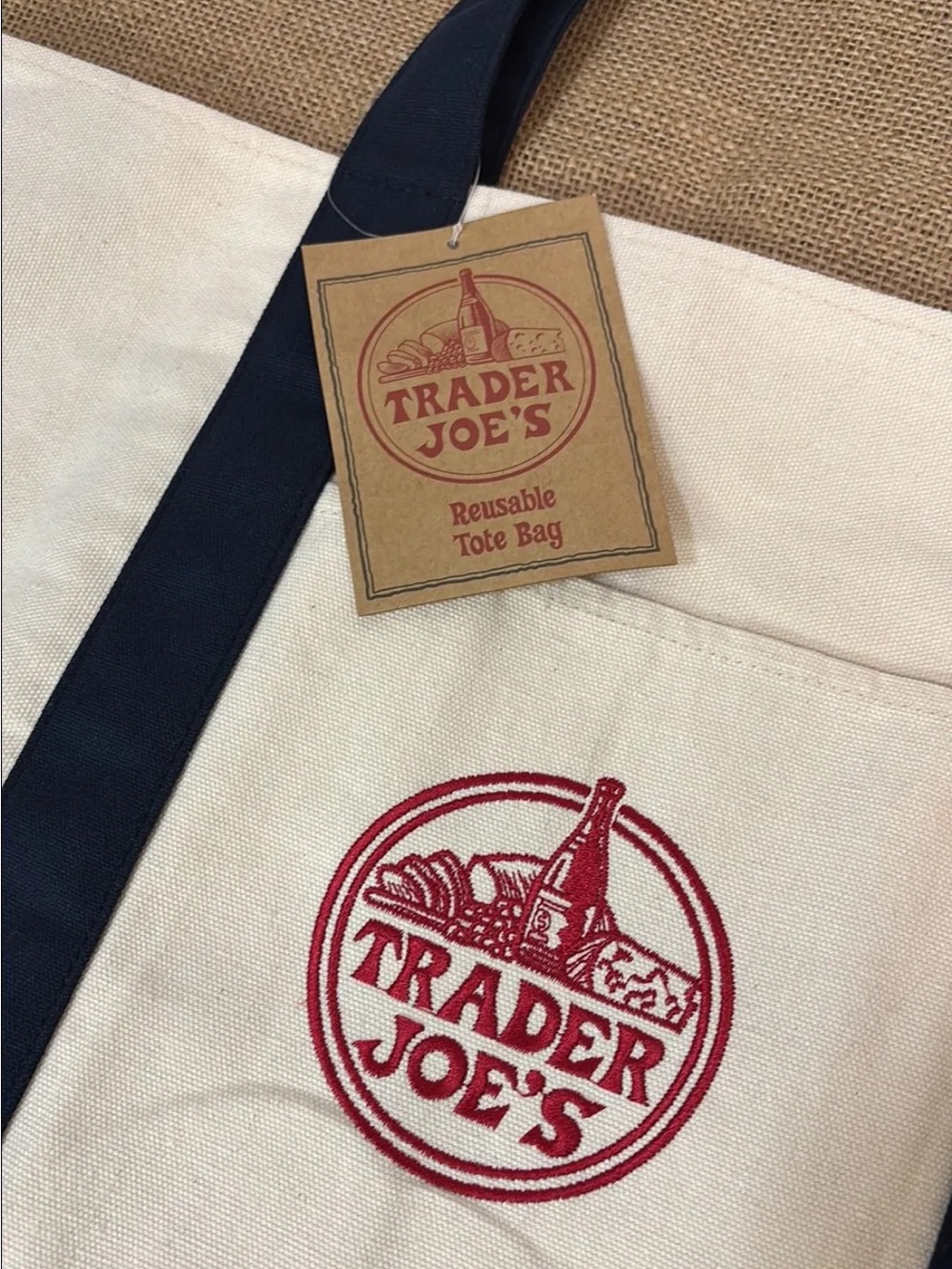 NEW • Trader Joe's LARGE, NAVY blue handles reusable canvas tote bag, Red Logo